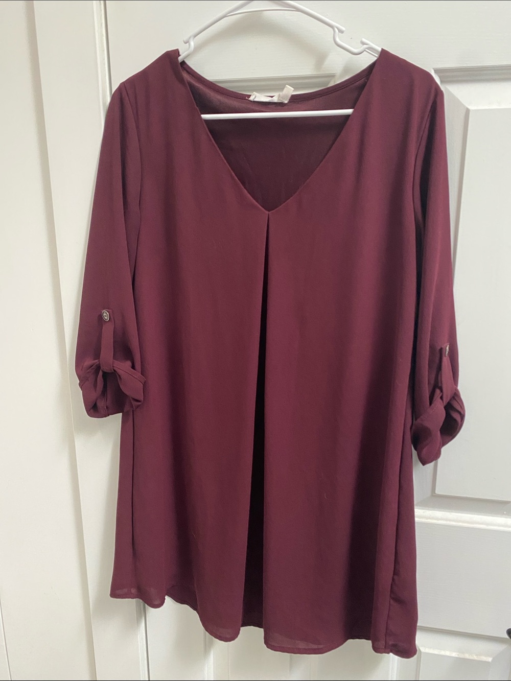 Burgundy V-Neck Roll-Tab Dress